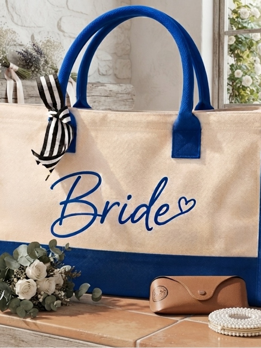 Bride Canvas Tote Bag in Blue and Cream